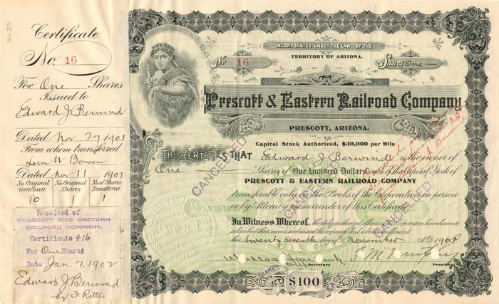 Prescott and Eastern Railroad Co. signed by Edward Berwind - 1901 dated Autograph Arizona Stock Certificate - Part of the Atchison, Topeka and Santa Fe Railroad